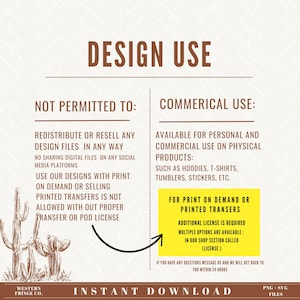 May include: A graphic with text detailing design usage rights for digital files. It outlines what is and isn't permitted, including commercial use guidelines for physical products like hoodies and stickers. Includes a cactus illustration.