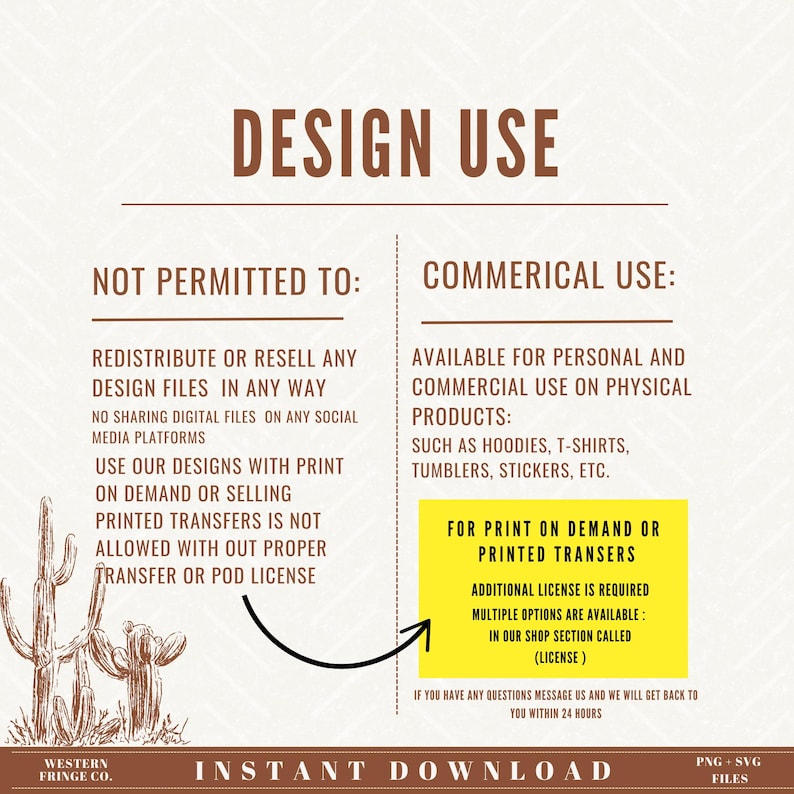 May include: A brown and white graphic with the text "DESIGN USE" in large brown letters. The graphic outlines the permitted and prohibited uses of the design files. The text "NOT PERMITTED TO" is listed in brown letters with a list of prohibited uses. The text "COMMERCIAL USE" is listed in brown letters with a list of permitted uses. The text "INSTANT DOWNLOAD" is listed in brown letters. The text "PNG - SVG FILES" is listed in brown letters.