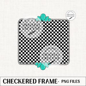 Western Frame Png, Turquoise Gem Square Frame, Retro Checkered Print Frame, Trendy Western Designs Png, Retro Graphic Png Designs