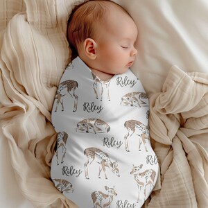 Personalized Deer Swaddle Blanket, Newborn Name Swaddle Gift, Forest Nursery Baby Jersey Swaddle, Custom Gift Baby Shower Woodland Theme