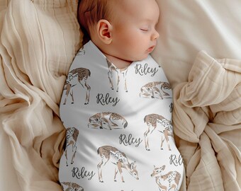 Personalized Deer Swaddle Blanket, Newborn Name Swaddle Gift, Forest Nursery Baby Jersey Swaddle, Custom Gift Baby Shower Woodland Theme