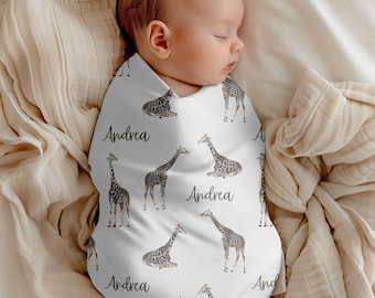 Personalized Giraffe Swaddle Blanket, Newborn Name Swaddle Gift, Safari Nursery Baby Jersey Swaddle, Custom Gift Baby Shower Jungle Theme