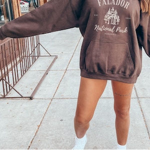 May include: A brown hooded sweatshirt with the text "Falador National Park" and a graphic of trees. The sweatshirt has a drawstring hood and a kangaroo pocket.