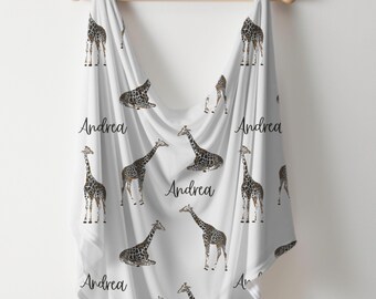 Personalized Giraffe Swaddle Blanket, Newborn Name Swaddle Gift, Safari Nursery Baby Jersey Swaddle, Custom Gift Baby Shower Jungle Theme