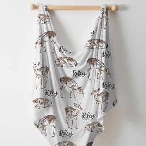 Personalized Deer Swaddle Blanket, Newborn Name Swaddle Gift, Forest Nursery Baby Jersey Swaddle, Custom Gift Baby Shower Woodland Theme