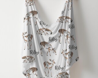 Personalized Deer Swaddle Blanket, Newborn Name Swaddle Gift, Forest Nursery Baby Jersey Swaddle, Custom Gift Baby Shower Woodland Theme