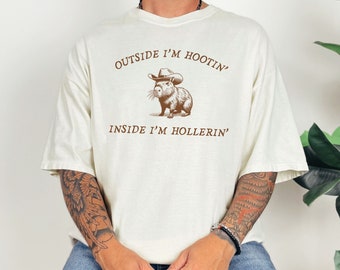 Capybara Cowboy Western Shirt, Outside Im Hootin Inside Im Hollerin, Meme Comfort Colors Shirt, Birthday Gift for Friend Tee Tiktok Capybara