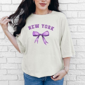 Custom College Bow Shirts, Matching Tailgate College Football Shirt, Comfort Colors Student New York, Sorority Group Tee Coquette Minimalist