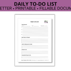 Daily To-do List; Fillable PDF, Digital Worksheet. Instant Download ...