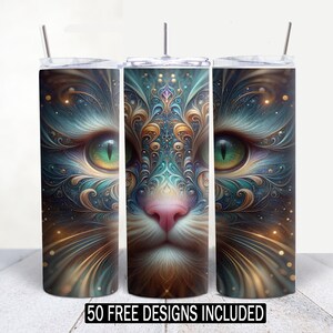 Katzengesicht Tumbler Wrap PNG, verzierte hochauflösende Katzenkunst, 20 Unzen dünne Sublimation, konische und gerade Vorlage Digitaler Download, Bundle