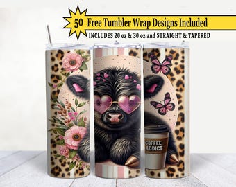 Könnte beinhalten: Drei 20 oz oder 30 oz Tumbler-Designs mit einer schwarz-weißen Highland-Kuh mit rosa Herzen, Sonnenbrillen und Schmetterlingen. Die Tumbler haben einen Leopardenmuster-Hintergrund mit rosa Blumen und einer Kaffeetasse mit der Aufschrift "Coffee Addict".