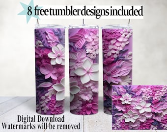 Purple Flowers 3D Tumbler Wrap: 20oz PNG Download