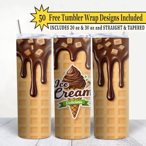 Ice Cream 20oz Tumbler Wrap PNG Chocolate Drip Waffle Cone Sublimation Design Sweet Treat Straight and Tapered Wrap