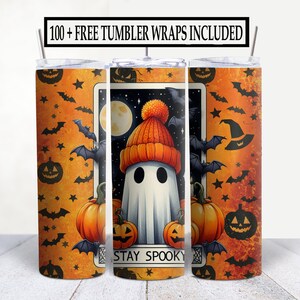 Envoltura para vaso fantasma / Diseño de carta de tarot de Halloween, plantilla para vaso delgado Stay Spooky de 20 oz y descarga digital