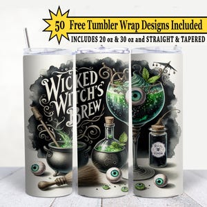 May include: A set of three stainless steel tumblers with a Halloween-themed design. The tumblers feature the text "Wicked Witch's Brew" and illustrations of a cauldron, potion bottles, and eyeballs. Includes 20 oz and 30 oz sizes.