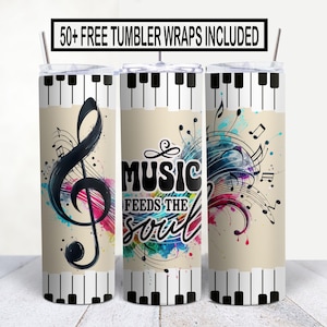 Piano Tumbler Wrap Sublimation Bundle - 50+ Designs, Musical Notes, Music Feeds The Soul, 20oz Skinny, PNG Instant Download