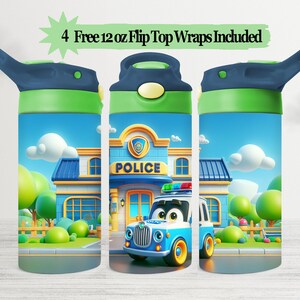 12 oz Police Car Tumbler Wrap - Kids Flip Top Sippy Cup Sublimation PNG, Police Station Childrens design, for Girls & Boys, 4 free Wraps