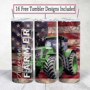 May include: Three stainless steel tumblers with a distressed American flag design and a green tractor. The tumblers feature the text "American Farmer" on one side.