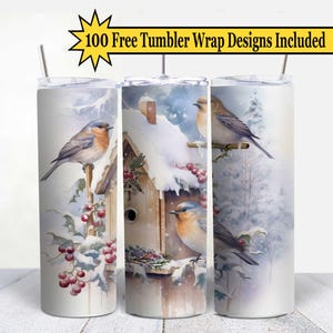 Winter Birds 20 oz Skinny Tumbler Wrap Sublimation design, png. Winter Scenery with birdhouse and 3 birds Instant Download template.