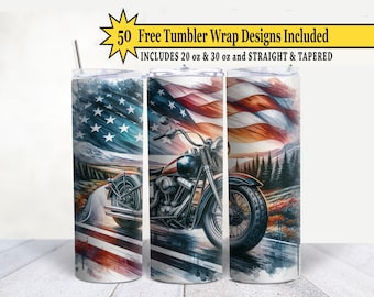 May include: A set of three stainless steel tumblers with a patriotic design. Each tumbler features an American flag and a motorcycle illustration. The text "50 Free Tumbler Wrap Designs Included" is visible.