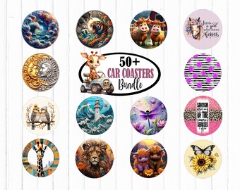 50 Car Coasters Bundle Sublimation Coaster Sublimate Design Png Round Car Coaster Instant Digital Download
