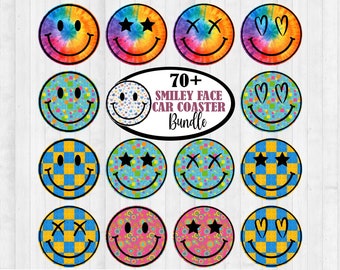 Smiley Face Car Coaster Bundle: Sublimation Designs (PNG, Digital Download)