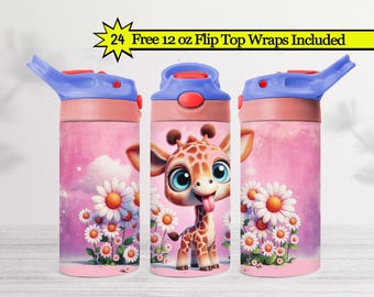 Żyrafa 12oz Tumbler Wrap PNG, Dziecięcy Flip Top Sublimacyjny Pakiet Wrap, Uroczy Projekt Kubka Niekapka, Pakiet Tumbler Wrap Dla Dzieci Zwierzę Pobierz