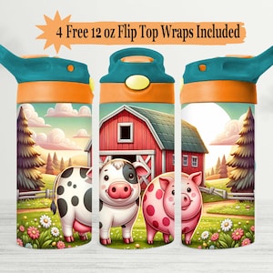 12 oz Farm Tumbler Wrap - Kubek niekapek dla dzieci z odchylaną górą, sublimacja PNG, wzór dla dzieci ze świnią i krową, idealny dla dziewczynek i chłopców, 4 darmowe opakowania