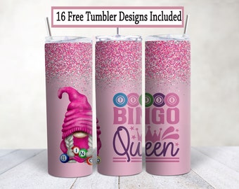 May include: Three pink stainless steel tumblers with glitter designs. The tumbler on the left features a pink gnome holding bingo balls. The middle tumbler has the text "Bingo Queen" with bingo balls and crowns. The tumbler on the right has the same design as the middle tumbler.