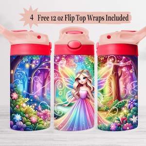 May include: Three 12 ounce water bottles with pink lids and flip tops. Each bottle has a colourful design featuring a fairy in a forest with glowing lights. The text "4 Free 12 oz Flip Top Wraps Included" is at the top of the image.