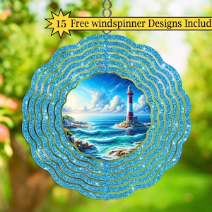 May include: A blue metal wind spinner with a lighthouse scene in the center. The wind spinner has a layered design with a wavy pattern. The lighthouse is red and white with a blue sky and ocean behind it.