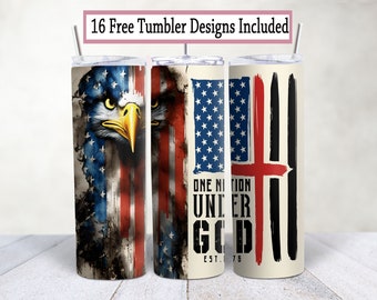 Patriotic Tumbler Wrap- 20 OZ One Nation Under God Sublimation, American Eagle, Flag Design Skinny Tumbler, 4th of July