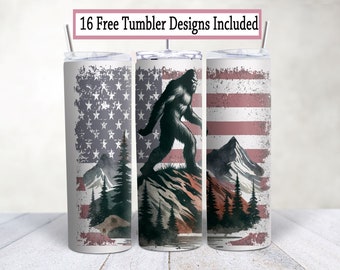Big Foot 20 oz Sublimation Tumbler Wrap - Patriotic - American Flag Skinny Tumbler Design Download PNG - Instant DIGITAL ONLY