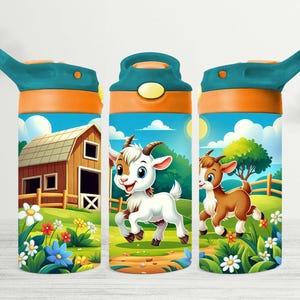 Cute Goats Sippy Cup Tumbler Wrap 12oz, Kids Sublimation PNG, Children’s Flip Top Farm Design, Plus Building Blocks - Kittens - Spaceship