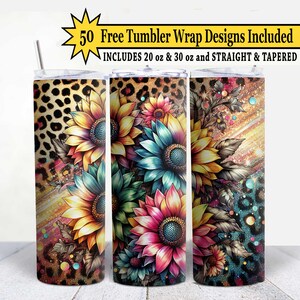 Leopard Sunflower Tumbler Wrap: Glitter Rainbow PNG (Digital Download)