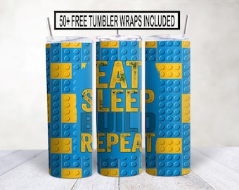Eat Sleep Build Repeat Tumbler Wrap PNG - 20oz Sublimation Design Download - Digital Building Blocks Pattern for Tumblers