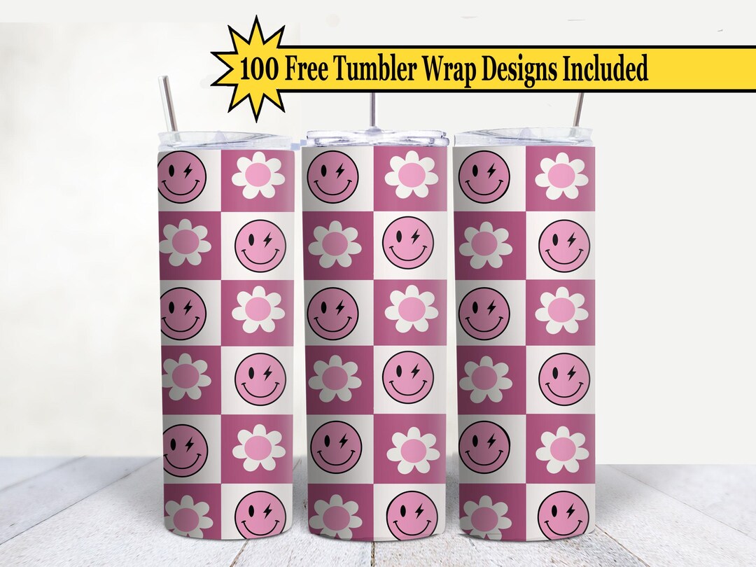 Smiley Face Tumbler Wrap: Retro Floral 20oz Skinny Sublimation (digital ...