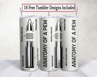 Puede incluir: Tres vasos blancos con diseños negros de una bala con el texto "Anatomy of a Pew" y las partes etiquetadas "Magical Fire Dust", "Bang Button", "Metal Holding Thing" y "Freedom Seed".