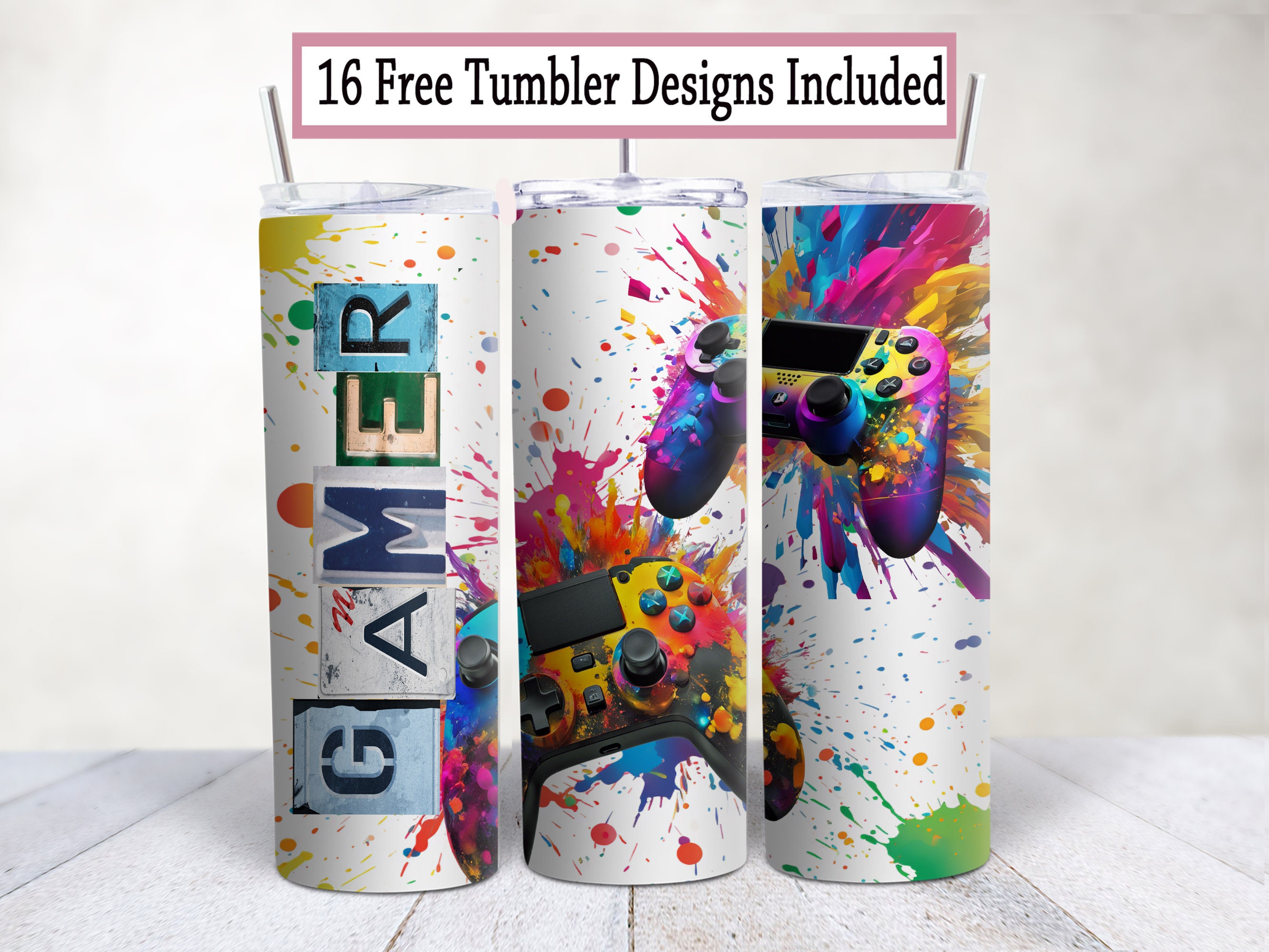 Gamer 20 Oz Skinny Tumbler Sublimation Wrap Video Game Controller Paint ...