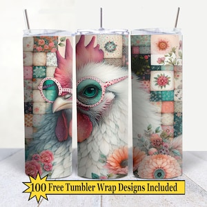 Può includere: Tre bicchieri in acciaio inossidabile con un design stravagante. Ogni bicchiere presenta un gallo bianco con occhiali con montatura rosa, su uno sfondo patchwork con accenti floreali. La parte inferiore dell'immagine include il testo "100 Free Tumbler Wrap Designs Included."