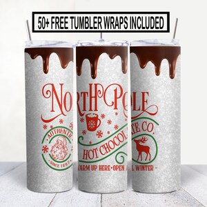 Christmas Tumbler Sublimation Design | Hot Chocolate North Pole 20oz Skinny Wrap - Glitter PNG Instant Download