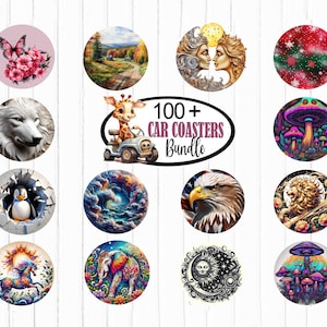 100+ PNG Car Coaster Sublimation Designs Bundle - Instant Download, Round Car Coaster Patterns for Commercial Use