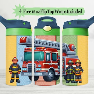 Vaso de camión de bomberos de 12 oz - Vaso infantil con tapa abatible sublimado PNG, diseño infantil de bombero, perfecto para niñas y niños, 4 envoltorios gratis