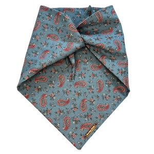 May include: A blue bandana with a paisley pattern in red, white, and black. The bandana is folded into a triangle shape and has a small gold tag with the text "Rocky Farm" on it.