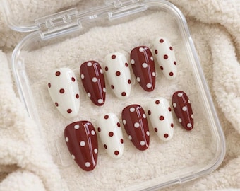 Red and white retro press on nails | polka dots | Holiday