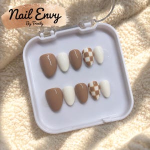 Almond cozy fall checker print press on nails