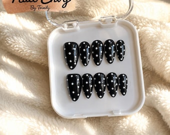 Black Polka Dot Press On Nails – Handmade Retro Nail Set
