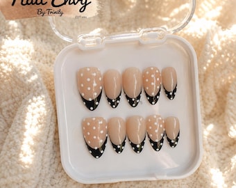 Retro Black French Tip Polka Dot Press On Nails | Reusable Set