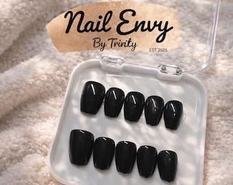 Solid Black Glossy Nails | Handmade Press On Nail Set | Sleek Minimalist Everyday Nails