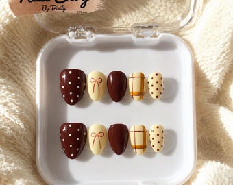 Handmade Fall Brown Press-On Nails, Plaid Bow Nail Art